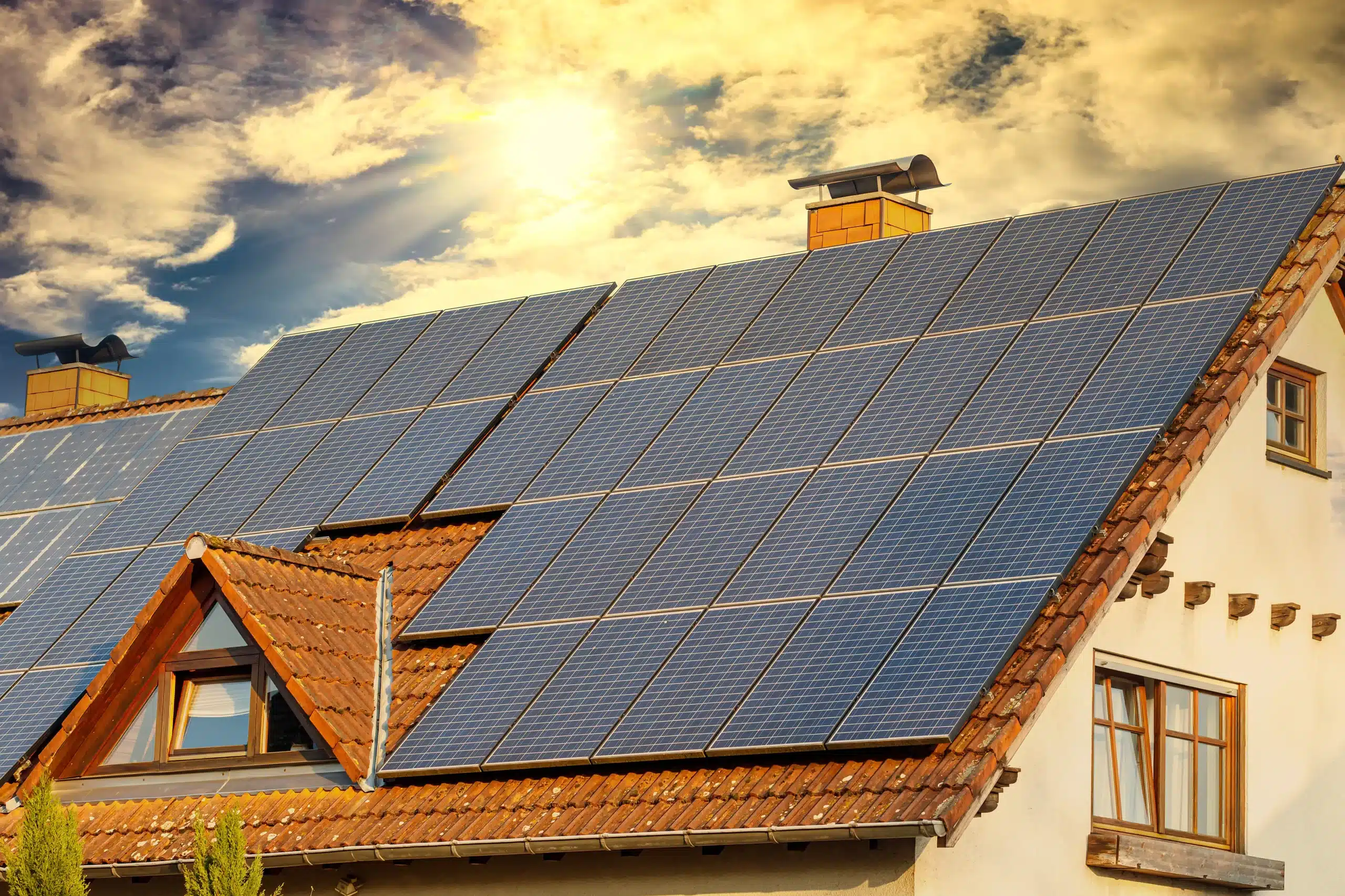 Solar panels on UK home sunny producing solar energy